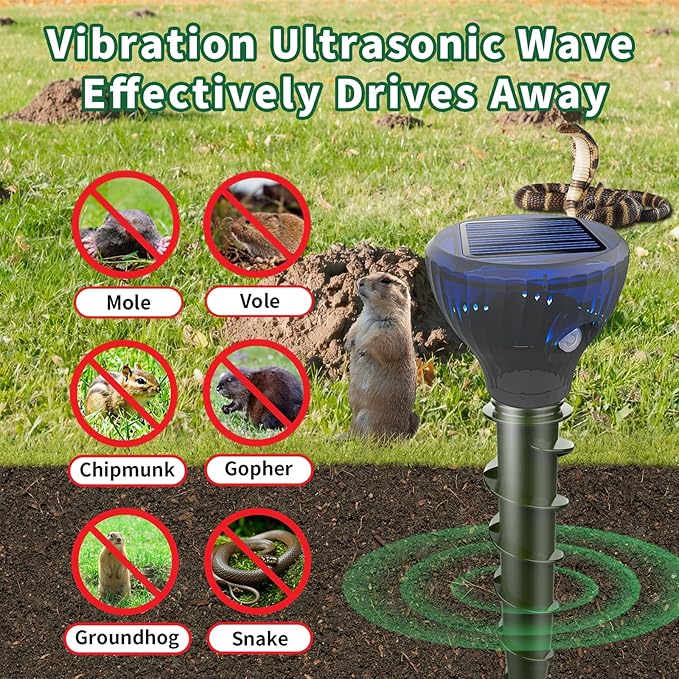 Mole Repellent Solar Powered,Gopher Repellents,Solar Powered Waterproof Vole Repellent, Flash&Vibration is Suitable for Lawn, Courtyard and Outdoor Mole Deterrent for Yard