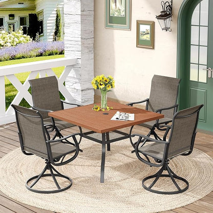 DIFY 5 Pieces Outdoor Patio Dining Set for 4, 38.6" Walnut Square Patio Dining Table and 4 Brown Swivel Textilene Chairs with Curved Armrest, Patio Table and Chairs