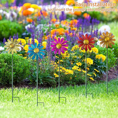 5pcs Wind Spinners Metal Colorful Flowers Garden Stake, Small Daisy Pinwheels, 27" Windmill for Yard Decor, Lawn Ornaments Outdoor Garden Décor, Metal Yard Art, Christmas Decoration Gift