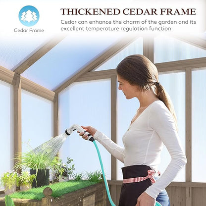 8x16 FT Greenhouse for Outdoor, 6MM Thick Polycarbonate Panel Wooden Walk-in Green House with Adjustable Roof Vents and Lockable Door, Backyard Garden, Light Mocha Brown