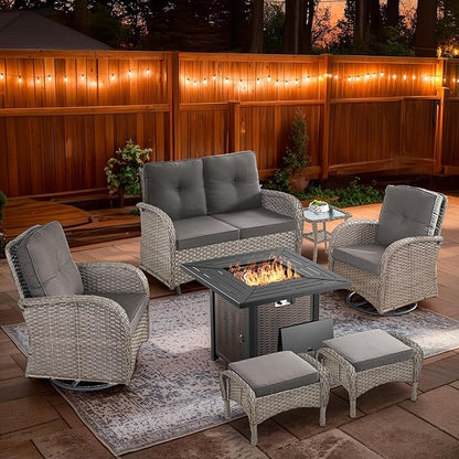 7 Piece Patio Furniture Set with Fire Pit Table - Wicker Patio Conversation Set with Swivel Glider, Glider Loveseat, Side Table and 2 Ottomans for Deck Backyard - Grey Wicker Grey Cushion