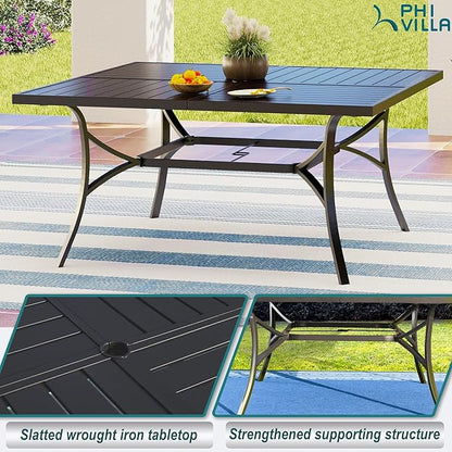 PHI VILLA 9 Pieces Outdoor Dining Set for 8, 60” Square Wrought Iron Dining Table & Heavy-Duty Steel Chairs with Cushions, Large Dining Furniture Set for Patio, Deck, Yard, Porch
