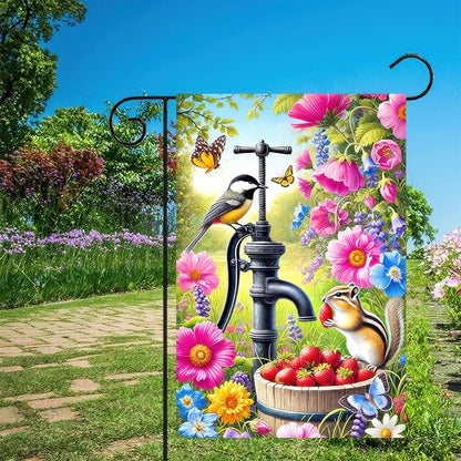Spring Garden Flag 12x18 Inch Double-Sided Yard Decoration Featuring Colorful Pump Flowers Birds Chipmunk for Outdoor Spring Summer Garden Yard Decor