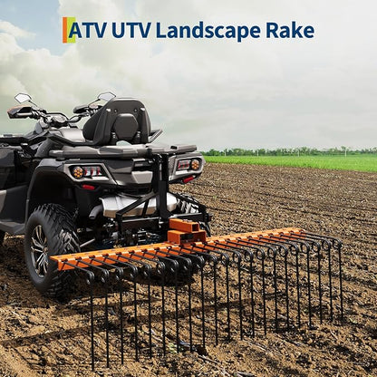 48 in Durable Pine Straw Rake Steel Spring Landscape Rake Fits 2 in Receiver for Lawn Tractors or ATV/UTV, Orange