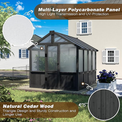 MUPATER 6 x 8 FT Walk-in Wooden Polycarbonate Greenhouse with Ventilated Window & Lockable Door, Multi-Layer PC Panels for UV Protection, Greenhouse Kit for Outdoor, Garden and Backyard, Black