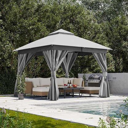 Outdoor Patio Gazebo 8FT, Heavy Duty Party Tent & Shelter with 2-Tier Roof and Expansion Bolts, Mosquito Nettings and Privacy Screens for Backyard, Garden, Poolside, Gray