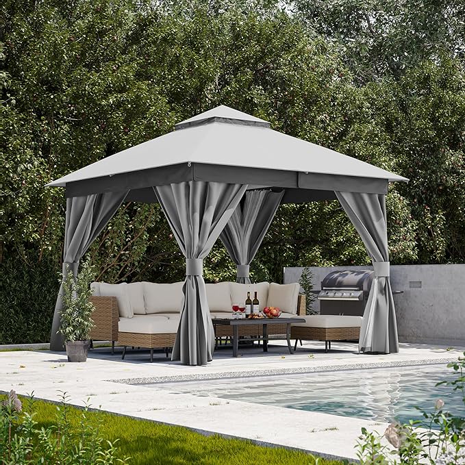 Outdoor Patio Gazebo 10FT, Heavy Duty Party Tent & Shelter with 2-Tier Roof and Expansion Bolts, Mosquito Nettings and Privacy Screens for Backyard, Garden, Poolside, Gray
