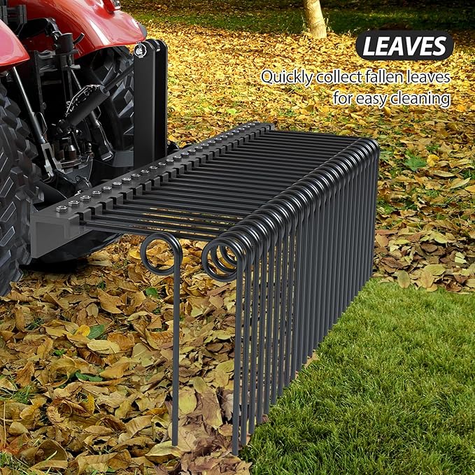 72 Inch 3 Point Tractor Rake, Pine Straw Needle Rake, Durable Powder Coated Steel Spring Landscape Rakes Fit for Cat0,Cat1,Black