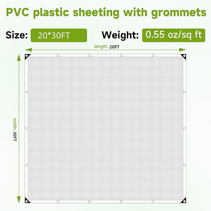 Greenhouse Cover,Clear Greenhouse Plastic Covering, 16Mil Thickness Heavy Duty Clear tarp for Chicken coop,Gardening,Farming, Greenhouse Plastic sheeting with Grommets (White, 20ft*30ft)