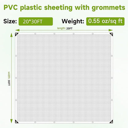 Greenhouse Cover,Clear Greenhouse Plastic Covering, 16Mil Thickness Heavy Duty Clear tarp for Chicken coop,Gardening,Farming, Greenhouse Plastic sheeting with Grommets (White, 20ft*30ft)