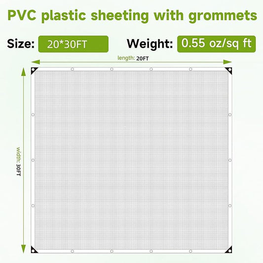 Greenhouse Cover,Clear Greenhouse Plastic Covering, 16Mil Thickness Heavy Duty Clear tarp for Chicken coop,Gardening,Farming, Greenhouse Plastic sheeting with Grommets (White, 20ft*30ft)