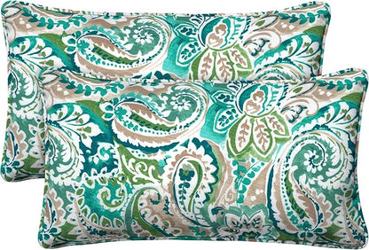 Honeycomb Outdoor Lumbar Pillow 2-Pack, 22 x 12, Geneva Paisley Turquoise Throw Pillows for Patio Furniture