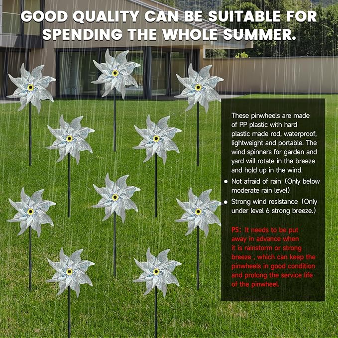 10 PCS Reflective Pinwheels for Yard and Garden Bird Devices Pre-Installed Sparkly Wind Spinner Deterrent to Scare Birds Away from Yard Patio Farm (Silver)