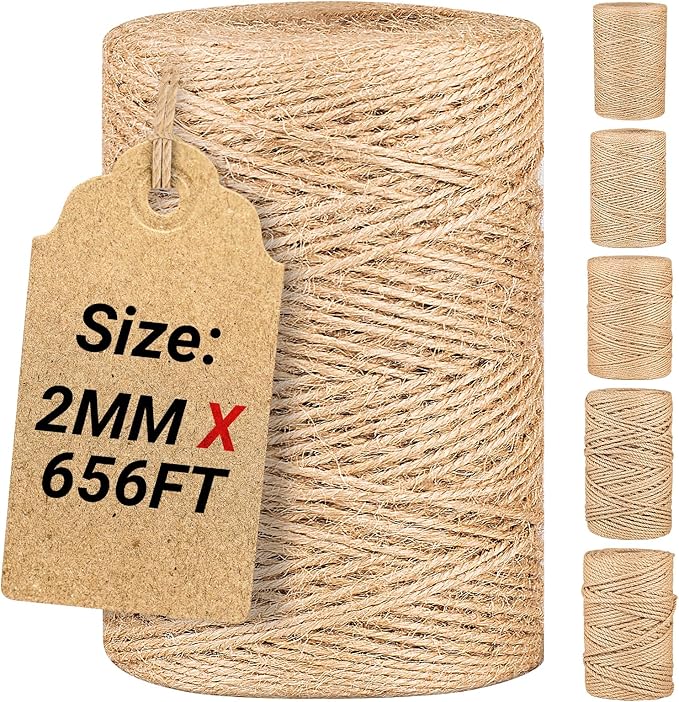 Natural Jute Twine String,Bulk Jute Rope Cord Twine for Crafting Gardening,Roll of Thick and Thin Twine for Gift Wrapping,Brown Decorative Rope,Ornament Twine for Cat Scratch Post (2mm x 656ft)