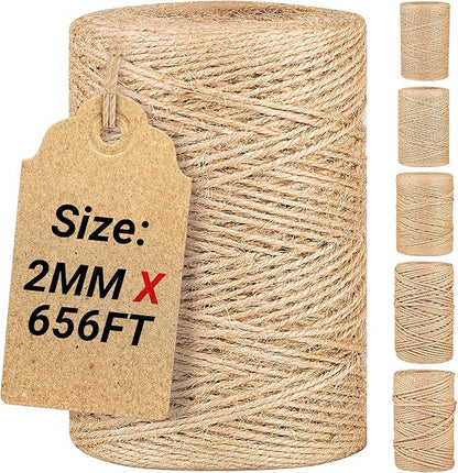 Natural Jute Twine String,Bulk Jute Rope Cord Twine for Crafting Gardening,Roll of Thick and Thin Twine for Gift Wrapping,Brown Decorative Rope,Ornament Twine for Cat Scratch Post (2mm x 656ft)