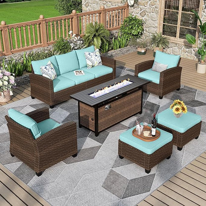 Patio Furniture Set, 6 Pcs Wicker Rattan Outdoor Conversation Set, 2 x Leg Chairs, 1 x 3 Seater Sofa and 2 x Ottoman with 4" Thick Cushion and 56" Fire Pit Table, Blue
