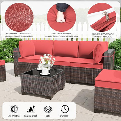 Outdoor Patio Furniture Set, 14 Pieces Outdoor Furniture All Weather Patio Sectional Sofa PE Wicker Modular Conversation Sets with Coffee Table,12 Chairs & Seat Clips(Red)