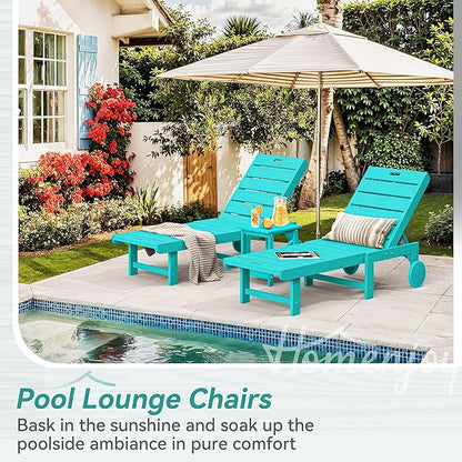 Outdoor Chaise Lounge Chairs Set of 4, 26.8” Super Wide Lounge Chair Outdoor, HDPS Pool Chairs with 5 Positions, Patio Lounge Chair with Wheels for Pool,Lawn,Backyard, Aruba Blue