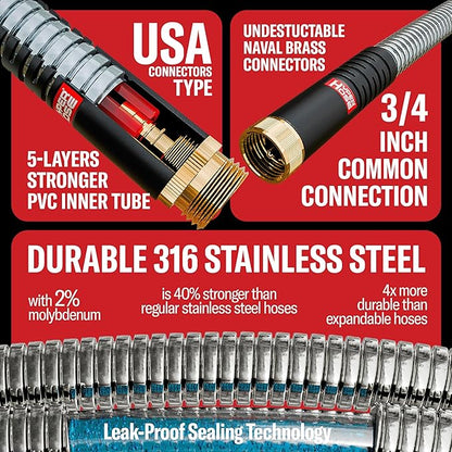 Best 50 ft Metal Garden Hose Set - No-Kink Durable 316 Stainless Steel, 10-Way Zync Spray Nozzle & Hook – Tough Flexible Heavy Duty Water Hoses, Naval Brass, Rust, Weather, LeakProof