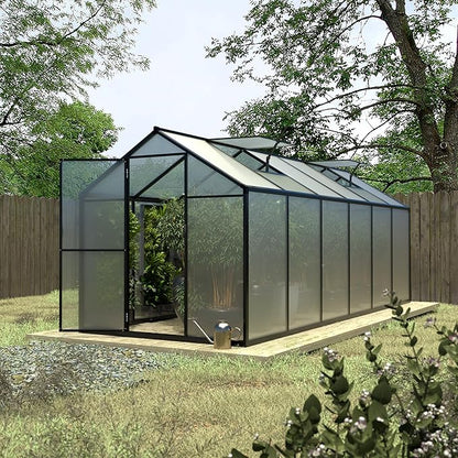 MUPATER 6 x 12 FT Outdoor Greenhouse, Polycarbonate Greenhouse with Aluminum Frame, Walk in Green House Plastic Kit Heavy Duty, W/ Lockable Door and Ajustable Roof Vent for Backyard, Garden, Grey