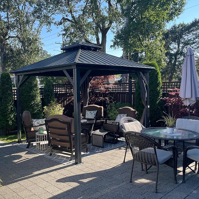 Domi 12' x 12' Hardtop Gazebo Permanent Aluminum Metal Gazebo with Galvanized Steel Double Roof Canopy, Curtains, and Netting for Patio, Backyard, Deck, Lawn