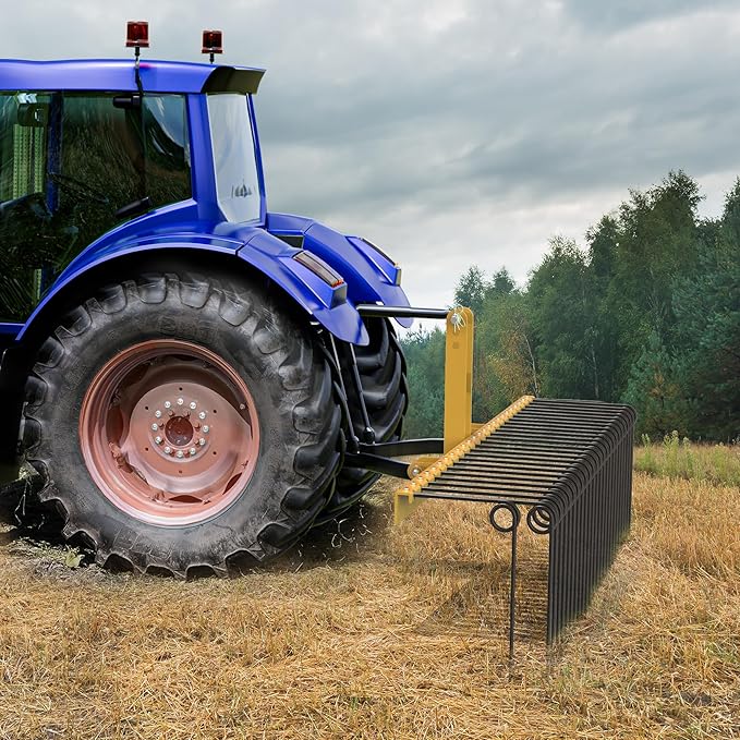 YITAMOTOR 60" Durable Powder Coated Steel Pine Straw Rake Steel Spring Landscape Rake Attaches to Cat-0 Cat-1,3 Point Hitch for Tractor, Yellow