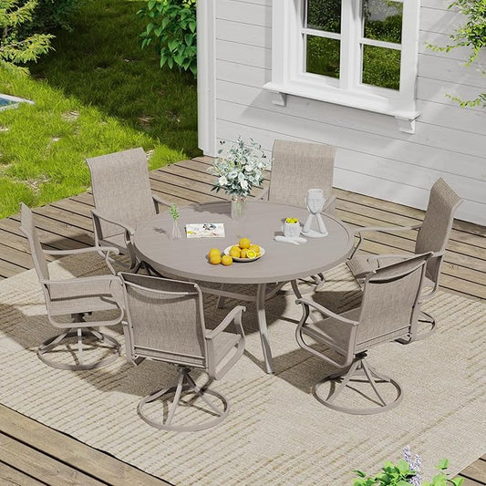VICLLAX Outdoor Patio Round Dining Table, 47"x 47" Metal Slatted Round Tabletop with Adjustable Umbrella Hole for Deck Lawn Garden Backyard, Sandshell