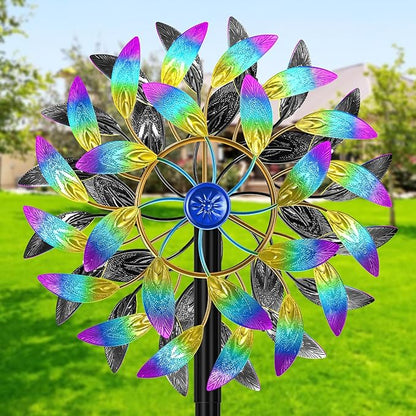 Metal Outdoor Wind Spinner, 2-Way Wind Sculpture Spinner with Metal Stake, Waterproof 360 Degrees Kinetic Windmill Art Decoration for Patio Garden Lawn (A- Colorful)