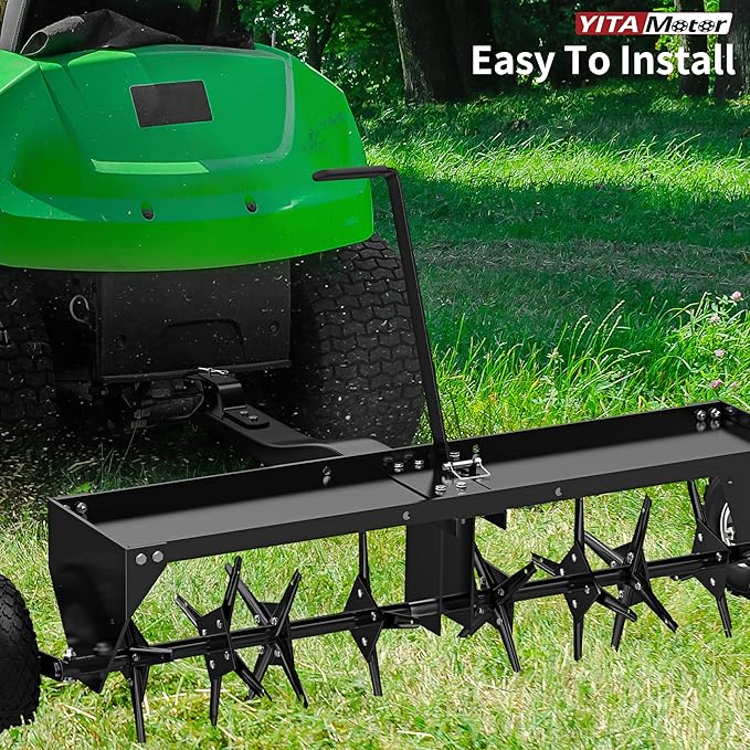 YITAMOTOR 48" Tow Plug Lawn Aerator with Universal Hitch,Black Painted Galvanized Steel with Tray and Inflatable Wheels, Lawn Aerator Tow Behind for Garden, Farm and Lawn