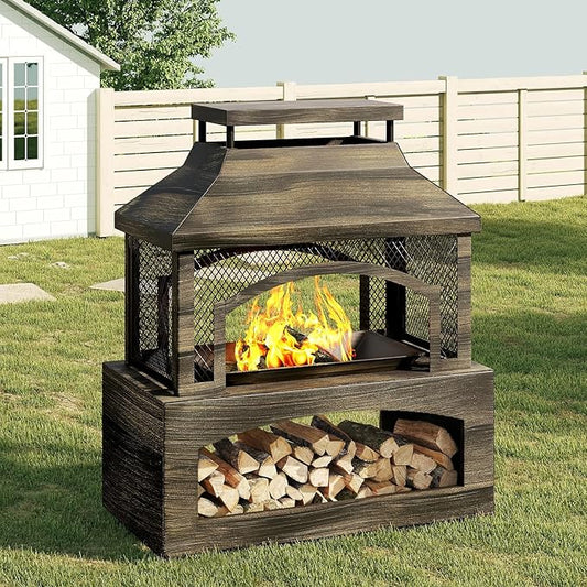 Bestier 37" Fire Pits, Wood Burning Fireplace for Outside Rectangular Chiminea Outdoor Firepits with Poker, Wood Storage, Rain Cover and Removable Fire Grill for Patio, Garden, Backyard, Camping