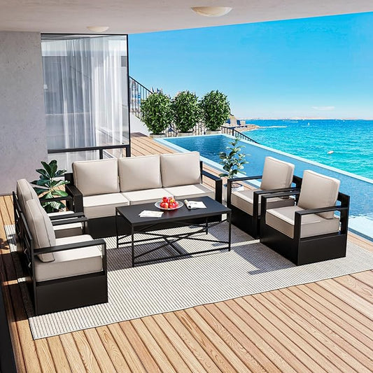 Outdoor Patio Furniture Set, 6-Piece Aluminum Patio Conversation Set All-Weather Metal Outdoor Sectional with 6 Inch Thick Cushions, Deep Setting for Garden, Outside and Porch