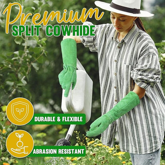 HANDLANDY Leather Gardening Gloves, Thorn Proof Long Gauntlet Heavy Duty Garden Gloves, Elbow Length Rose Pruning Weeding Yard Glove (Small, Green)