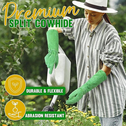 HANDLANDY Leather Gardening Gloves, Thorn Proof Long Gauntlet Heavy Duty Garden Gloves, Elbow Length Rose Pruning Weeding Yard Glove (Medium, Green)
