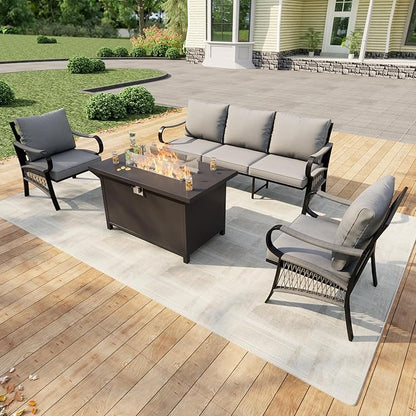 4 Pieces Patio Conversation Sets, All Weather Metal Outdoor Furniture Set, 3-Seater, 2 Single Chairs, 1 Fire Pit Table for Backyard Garden Deck Porch Poolside, Gray