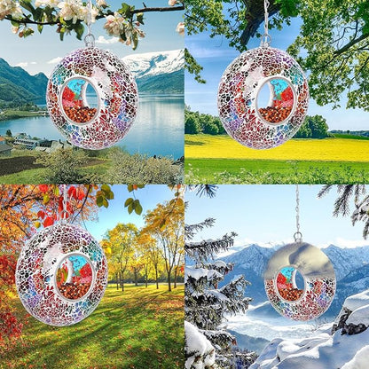 Mosaic Bird Feeders for Outside Hanging with Round Shape Glass Container Fly Through Solar Bird Feeder for Garden Decor (Multicolor)