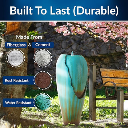 Alpine Corporation DIG100XS | 33"H Outdoor Antique Jar Water Fountain — Cascading LED Light Design for Patio, Deck & Yard — Turquoise Finish
