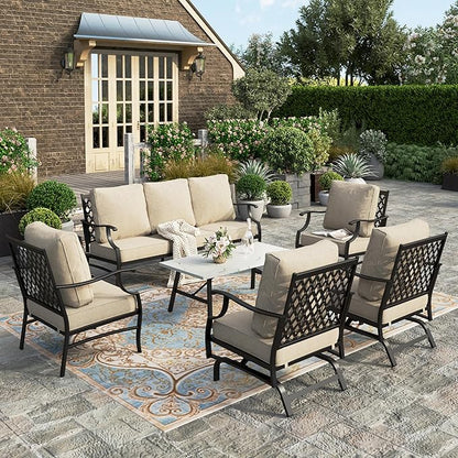 HERA'S HOUSE 6 Piece Patio Furniture Set, 2 x Rocking Chair, 2 x Fixed Chair, 1 x 3-Seat Sofa with Marbling Coffee Table, All Cushioned 7 Seats Outdoor Conversation Set for Lawn Garden Backyard