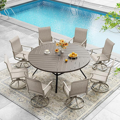 DIFY 59.8" Round Outdoor Patio Dining Table for 8-10, All-Weather Metal Steel Slatted Patio Table with 1.57" Adjustable Umbrella Hole, for Lawn Garden Porch Backyard, Grey Wood-Like