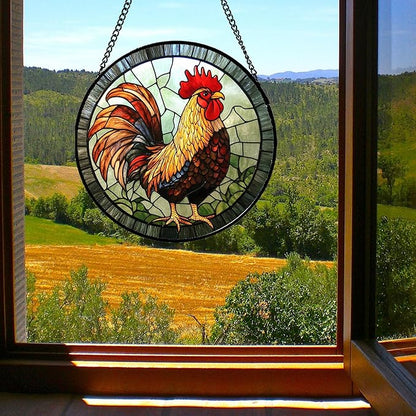 Stained Glass Window Hanging - Rooster Suncatcher for Doors Garden Patio Retro Colored Chicken Sun Catchers Decor Christmas Mother's Day Birthday Gifts for Women Men Mom Nana Friend 6.3 in