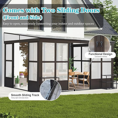 10x12FT Wall Mounted Sunroom, Outdoor Permanent Lean-to Solarium with Detachable Polycarbonate Roof, 2 Lockable Sliding Doors, Aluminum Gazebo Against The Wall Sun Room for Garden Patio Deck