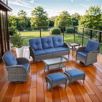 7 Piece Patio Furniture Set - Wicker Patio Conversation Set with Swivel Glider, 3 Seat Sofa, 2 Ottomans, Glass Side Table and Coffee Table for Deck Backyard - Brown Wicker Blue Cushion