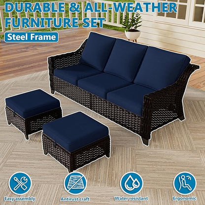 Vista Vibe 3 Pieces Outdoor Patio Conversation Furniture Set - 78" 3-seat Sofa | 2 Wicker Ottomans, Deep Seat Loveseat with Removable Cushions, Hand-Woven PE Rattan Couch, Lawn (Brown/Navy)
