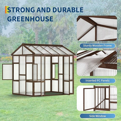 6x8 FT Wooden Greenhouse for Outdoor - Heavy Duty Walk-in Green House Kit with 6mm Polycarbonate, Ventilated Window & Lockable Door for Backyard, Patio, Lawn