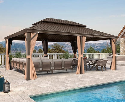 PURPLE LEAF 14' X 20' Outdoor Hardtop Gazebo Patio Wide Aluminum Frame Metal Double Roof with Heavy Duty Netting and Curtains for Permanent Hard Top Pavilion Screen, Khaki
