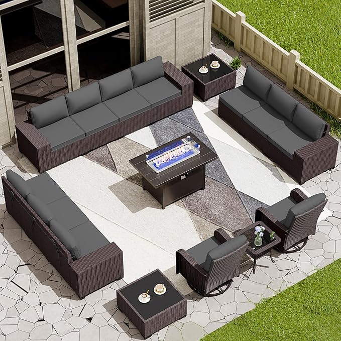 16 Pieces Outdoor Patio Furniture Set Outdoor Furniture Patio Sectional Sofa Conversation Sets w/ETL Approved 45" Gas Outdoor Fire Table & Coffee Table, Swivel Rocking Chair (Grey)