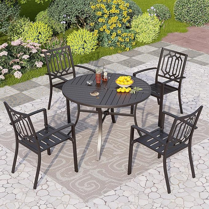 PHI VILLA 5 Pieces Outdoor Round Dining Set for 4, Wrought Iron Circle Table with Umbrella Hole & Stacking Metal Chairs, Modern Furniture Set for Patio, Deck, Backyard, Porch