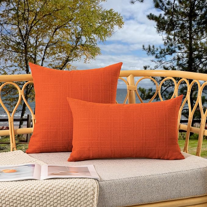 Kevin Textile Fall Outdoor Waterproof Throw Pillow Covers Decorative Farmhouse Water Resistant Checkered Cushion Covers for Tent Patio Garden Couch Sofa Pack of 2 (20x20 Inch Orange)