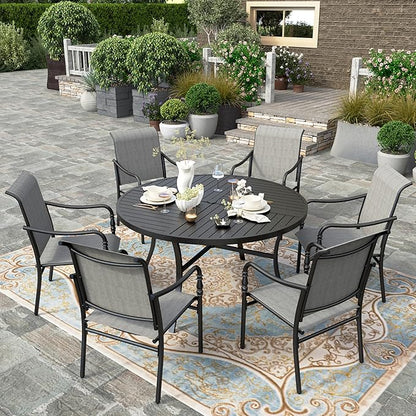 HERA'S HOUSE Patio Table and Chairs, 7 Pieces Outdoor Dining Set, 1 x Round Metal Table with 1.57”-1.9” Umbrella Hole, 6 x Grey Armrest Chairs for Deck Porch Backyard