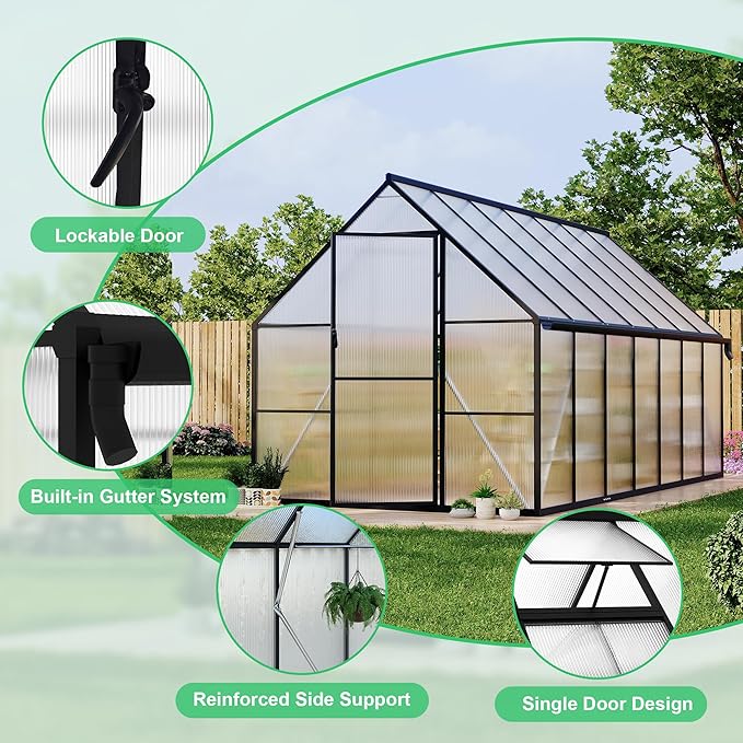 8 ft x14 ft Aluminum-Framed Polycarbonate Greenhouse, Heavy Duty Polycarbonate Greenhouse with Quick Setup Structure and Roof Vent, Large Enhanced Aluminum Green House Kit for Outdoors