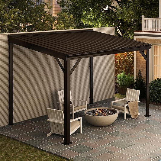 Domi 8’x10’ Lean-to Gazebo, Hardtop Wall-Mounted Gazebo Pergola with Sloping Galvanized Steel Roof and Upgraded Drainage System, Outdoor Permanent Metal Shelters for Patio Backyard Deck, Brown